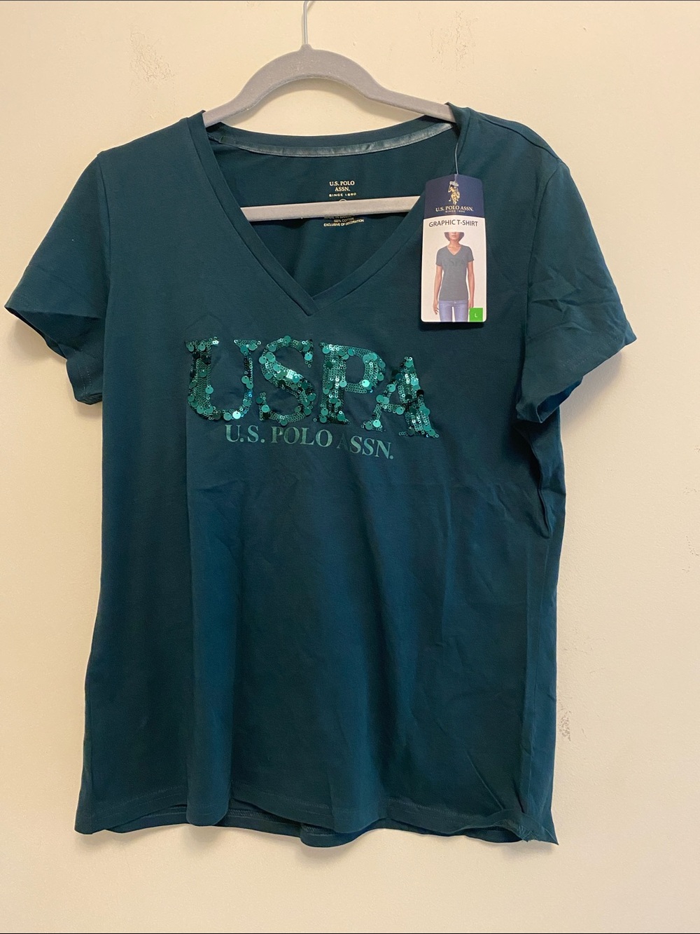 U.S. Polo Assn. Women's Teal V-Neck Sequin Logo Tee